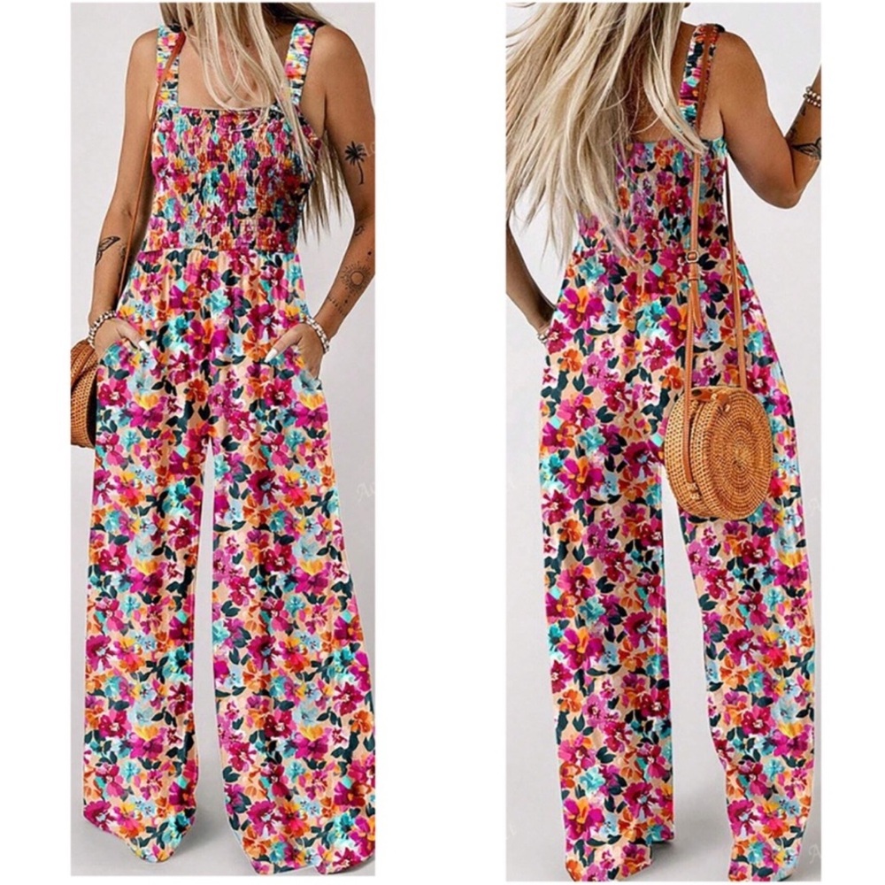 Boho Floral Print Shirred Wide Leg Bib Jumpsuit XS S M L XL XXL